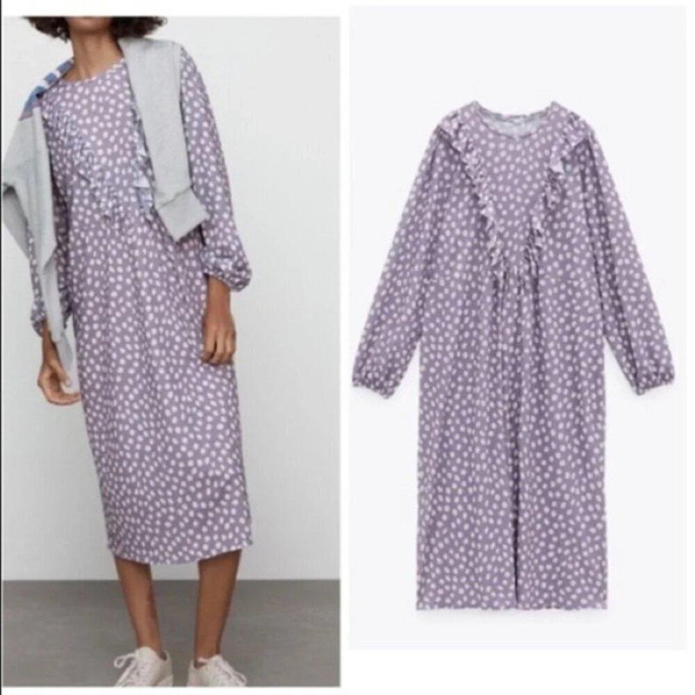 Zara Purple Polka Dot Ruffle Collar Midi Dress